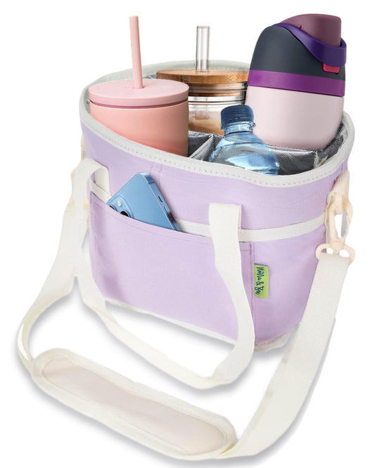 4 Water Bottle Holder with Strap | Family Size 4 Compartment Drink Bag, Multiple Tumbler Carrier Caddy | Adjustable Fits Large & Small Drinks | Hands Free, Won't Tip Over in Car (Lavender)
