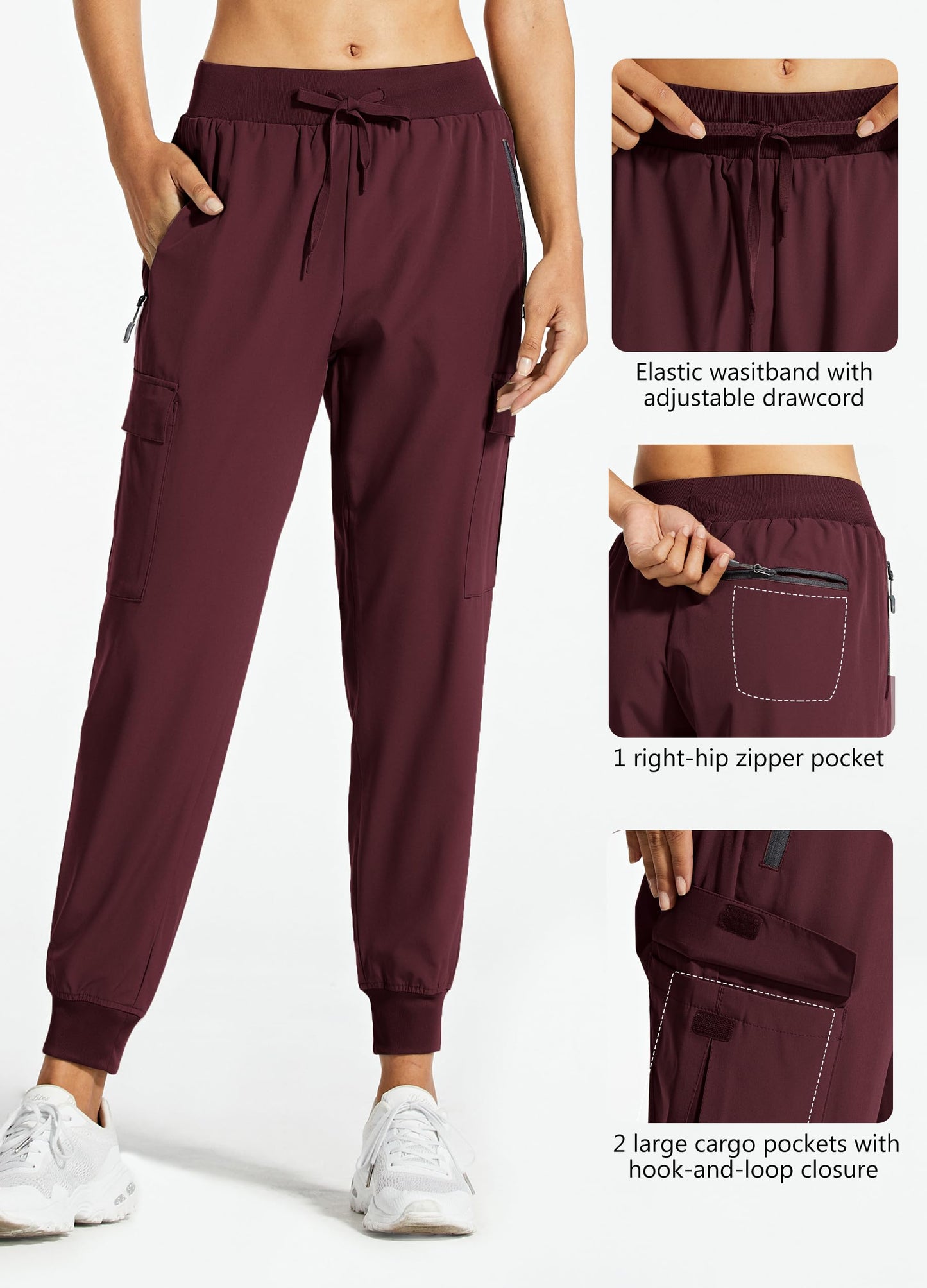 Libin Women's Cargo Joggers Lightweight Quick Dry Hiking Pants Athletic Lounge Casual Travel, Wine Red L
