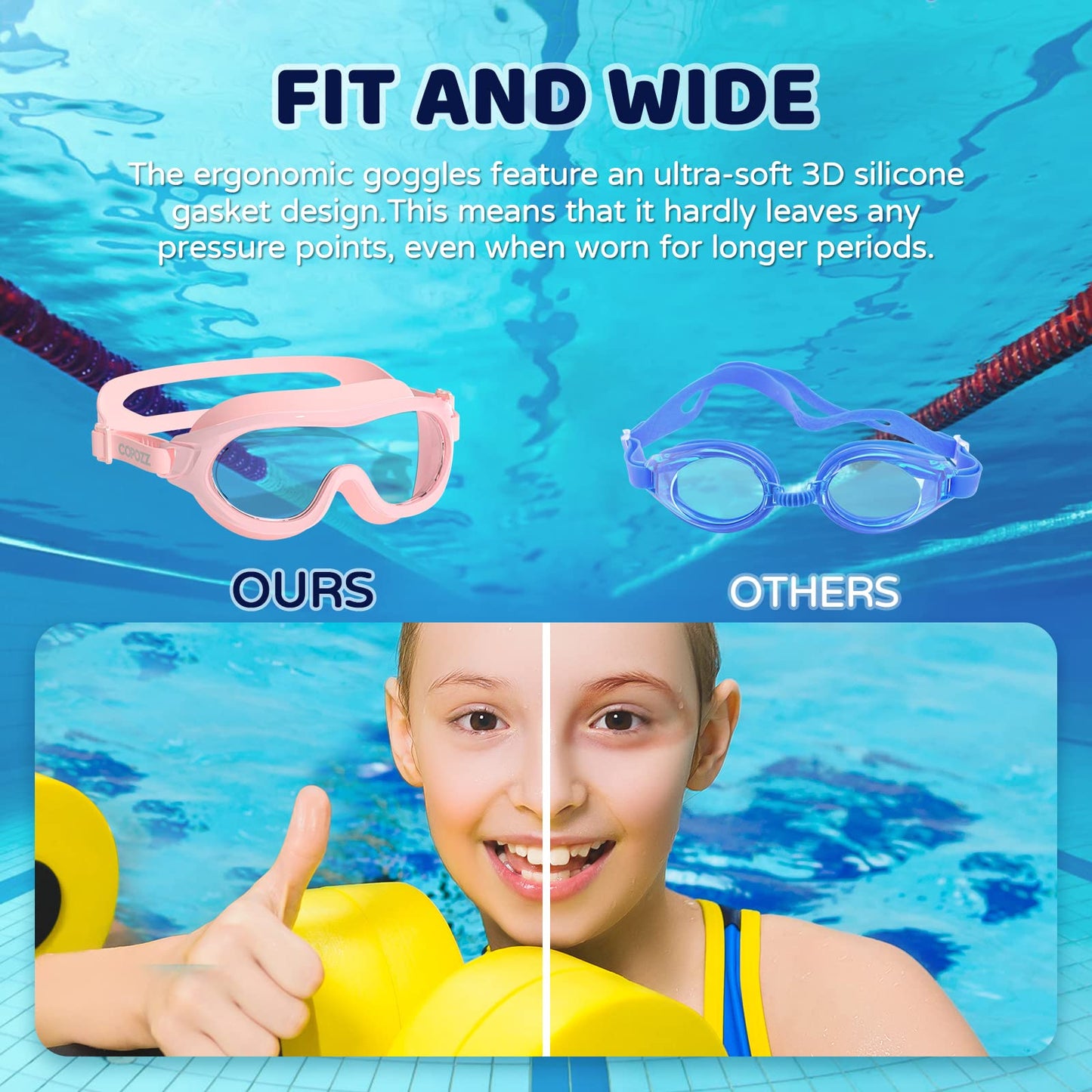 COPOZZ Kids Swim Goggles for 6-14, Wide View Swimming Goggles No Leak Anti Fog UV Protection Youth Swim Goggles