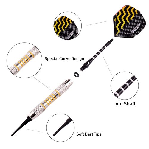 Turnart Darts Plastic Tip - Professional Soft Tip Darts Set for Electronic Dartboard 9 Pcs 18 Grams with 50 Extra Tips 9 Shafts 27 Flights Tool Kit Flight Protectors and Gift Darts Case (Tungsten)