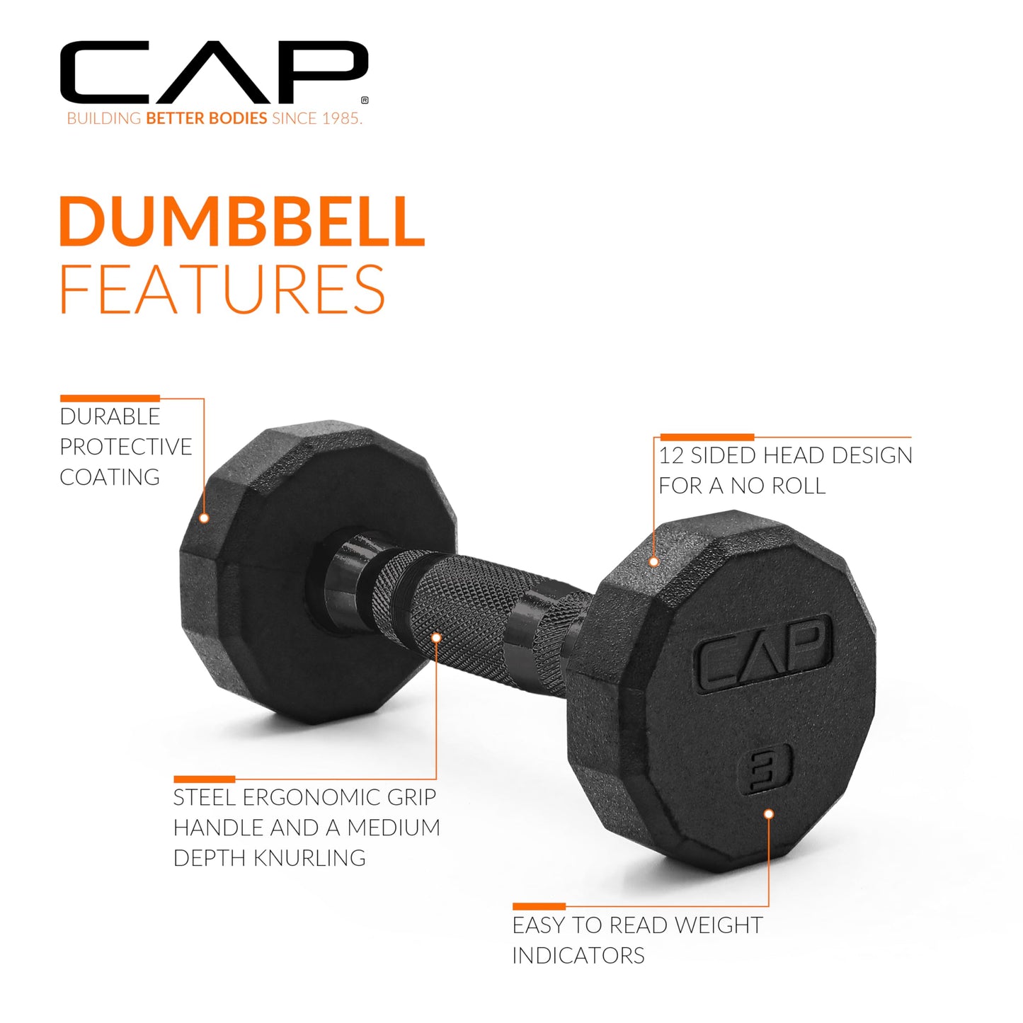 CAP 8 LB 12-Sided Rubber Coated Dumbbell Weight, Rubber Hand Weights for Home Gym Strength Training, Black Oxide Handle, Pair