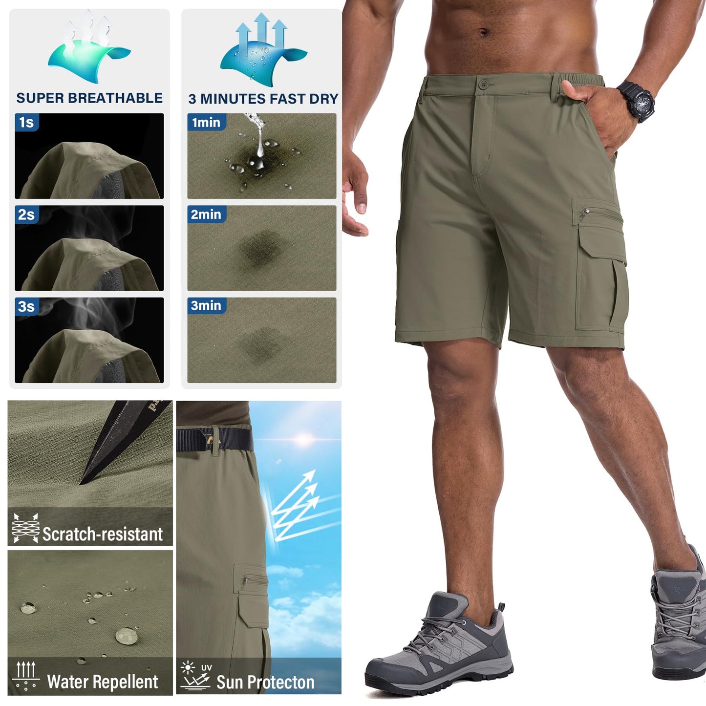Jessie Kidden Mens Outdoor Casual Expandable Waist Lightweight Water Resistant Quick Dry Fishing Hiking Shorts (Light Green, 29)