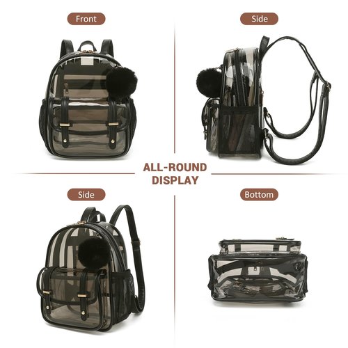 QIXIHU Clear Backpack for Stadium Events, 12x 12x 6 Small Transparent Backpack PVC Mini See Through Bag for Women Girls for Concert Festival, Semi-Black