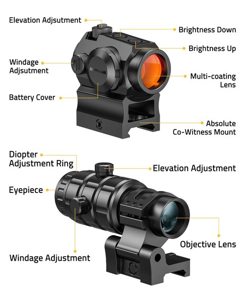 CVLIFE JackalHowl Red Dot Sight & 3X Magnifier Combo Set, 2 MOA Motion Awake Red Dot Optics and Flip-to-Side Magnifier Kit, Absolute Co-Witness Mount