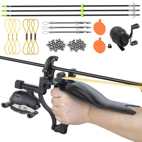 ZHUOCE Fishing Slingshot Kit with Reel Wrist Support Slingshot for Adult Archery Catapult with Arrows Fishing Darts and Rubber Bands Steel Smmo