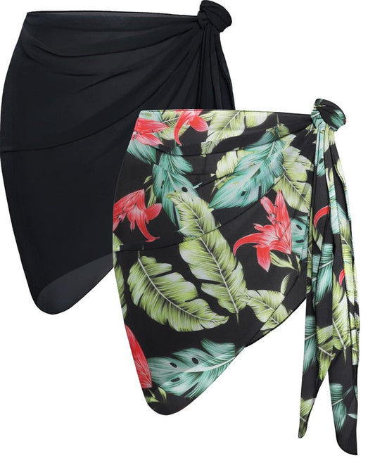 2 Pieces Sarong Cover Ups for Women Beach Bathing Suit Wrap Sheer Short Skirt Bikini Chiffon Scarf for Swimwear (Black & Green Vintage Leaf)