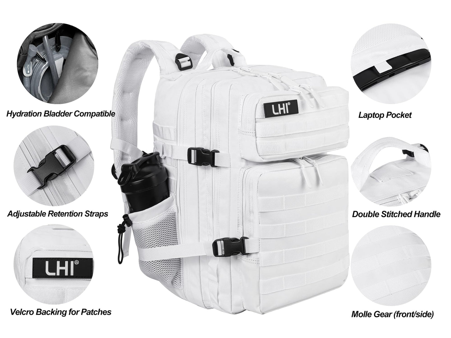 LHI Military Tactical Backpack for Men and Women 45L Army 3 Days Assault Pack Bag Large Rucksack with Molle System - White