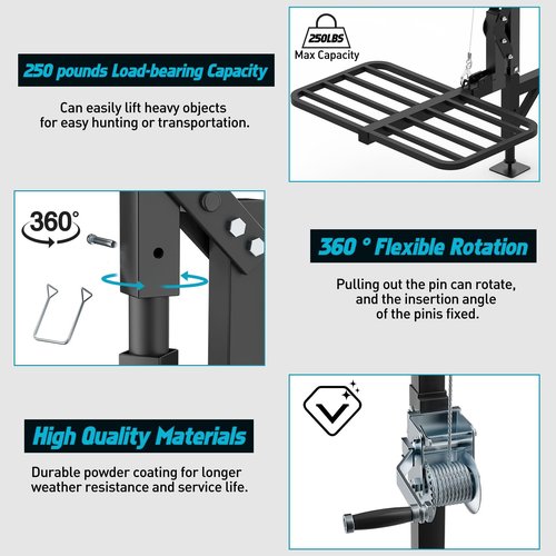 CROSSHIP Truck Hitch Game Carrier Lifting System - Hitch-Mounted Hoist Platform - 360 Degree & Foldable for Safely Load, 250lbc Lift for Truck, Pickups & SUV (Fits 2'')