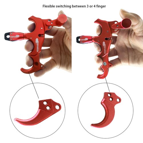 xxiaojun Composite Bow and Arrow Release, 3 or 4 Finger Hand Held Grip, Thumb Release Aluminum Alloy Assist for Compound Bow Accessory, Adjustable Sensitivity, Sports Competition. … (red)