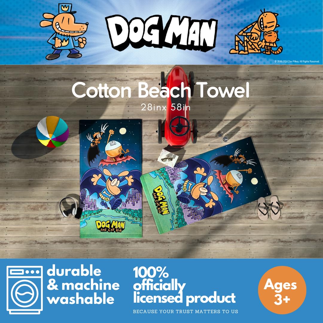 Dog Man Supa Cop & Petey Book Kids Super Soft Cotton Bath/Pool/Beach Towel, 58 in x 28 in, (Offically Licensed Product) By Franco