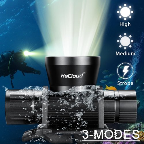 HECLOUD 3000 Lumens Super Bright Diving Headlamp IP68 Waterproof Dive Flashlight Rechargeable Underwater Headlight with 3 Modes Perfect for Scuba, Night Snorkeling and Underwater Exploration