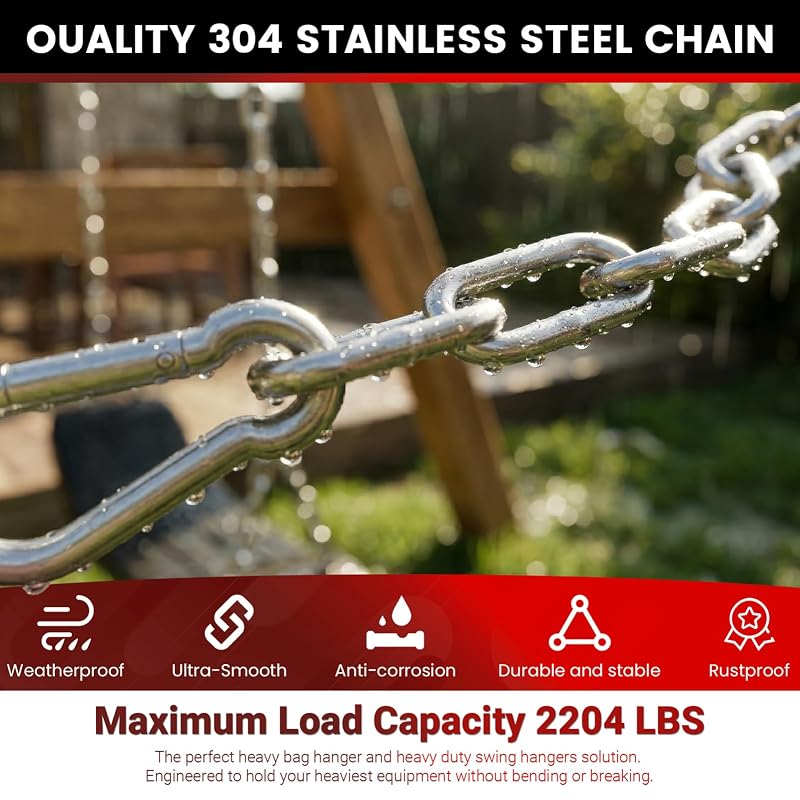 25" Hanging Swing Chain, 6mm 304 Stainless Steel, 1000 lb Capacity - Silver + 2 Pack