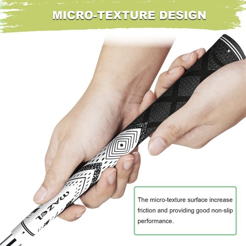MAZEL Cord Rubber Golf Grips for Men - 10 Pack,All Weather Control Golf Club Grips Standard/Midsize,High Feedback & Traction (Midsize, White Black,10 Grips)