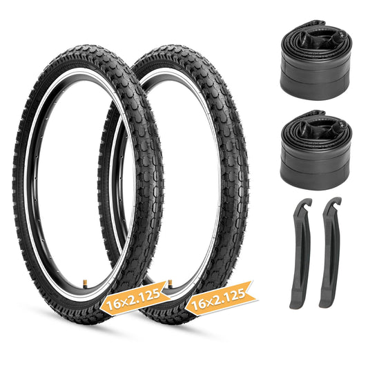 2-Pack Kids Bike Tires Set: Hycline 16x2.125 Inch (57-305 mm) Folding Replacement Puncture-Resistant Bicycle Tires and Pair Inner Tubes with Tire Levers for Beach Urban City Commuter Bike-Black