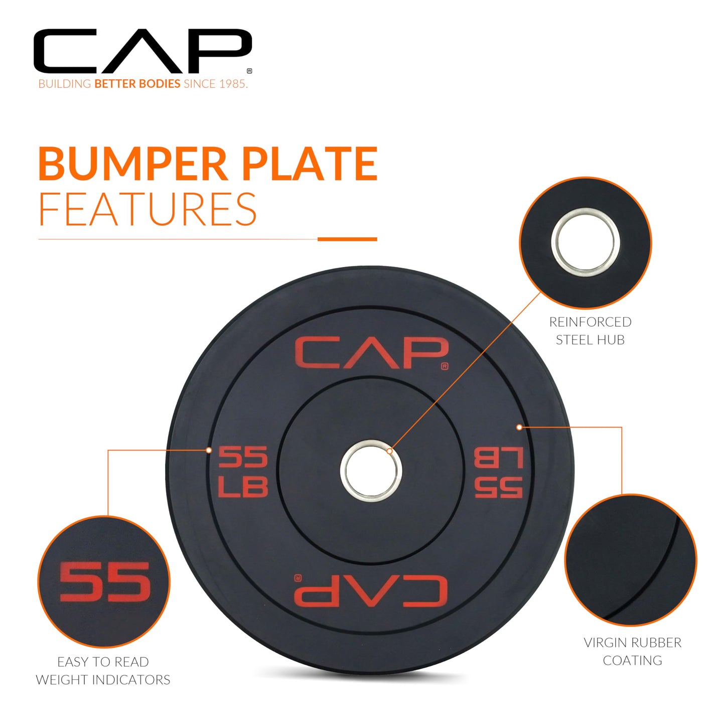 CAP Economy 55 lb Single Olympic Bumper Plate, Medium Bounce Rubber Weight Plate with Steel Hub, 2-Inch Olympic Barbell Compatible for Strength Training, Weightlifting & Home Gym Workouts