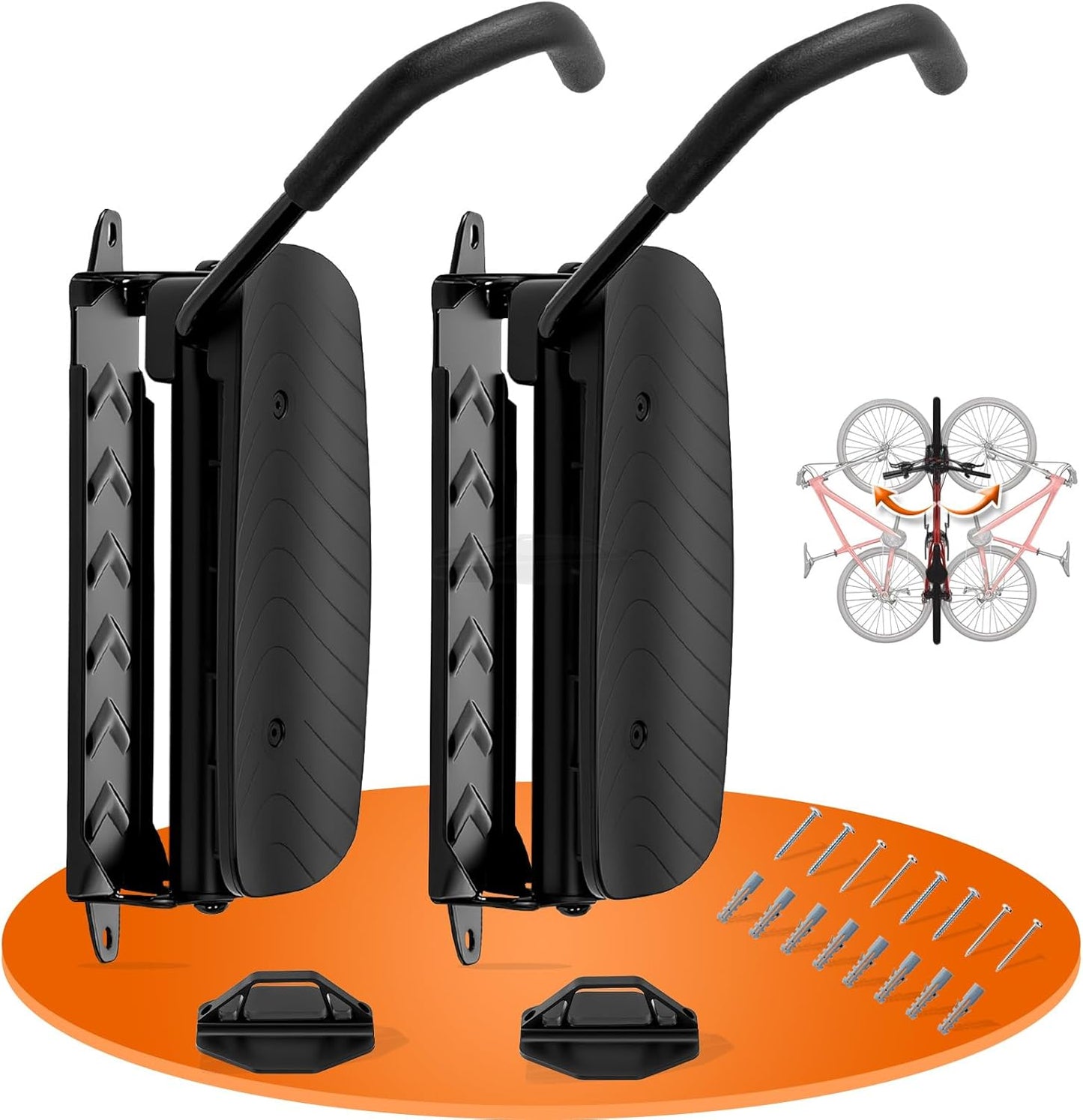 Hycline Swivel Bike Wall Mount: Bicycle Rack for Garage Organizer - Space-saving Wall Mounted Vertical Bike Hook Hanger - Heavy-duty Sturdy Storage Bike Rack for Home & Indoor - 2PCS