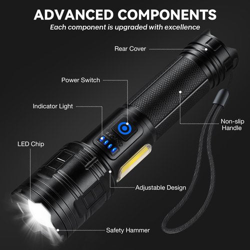 ALSTU Rechargeable 90,000 Flashlight High Lumen - 2 Pack Super Bright LED Flash Light with COB, 7 Modes Powerful Handheld Flashlight for Home