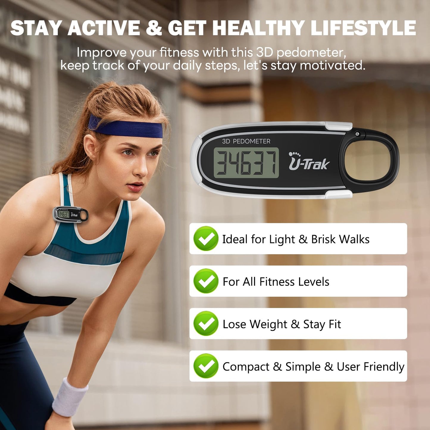 3D Pedometer for Walking with Removable Clip and Carabiner Simple Step Counter for Walking Accurate Clip On Step Tracker for Men Women Kids (Black)