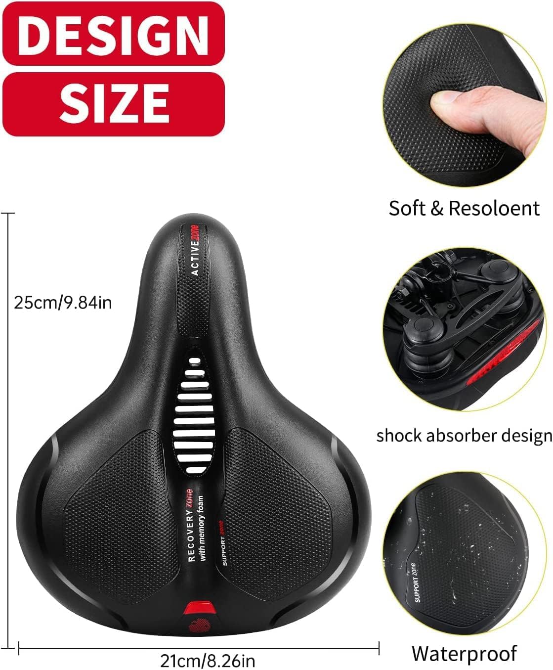 MSDADA Comfortable Bike Seat Cushion - Soft Bicycle Seat for Women Men Memory Foam Padded Waterproof Wide Bike Saddle with Dual Shock Absorbing Rubber Balls Universal Fit for Indoor/Outdoor Bikes