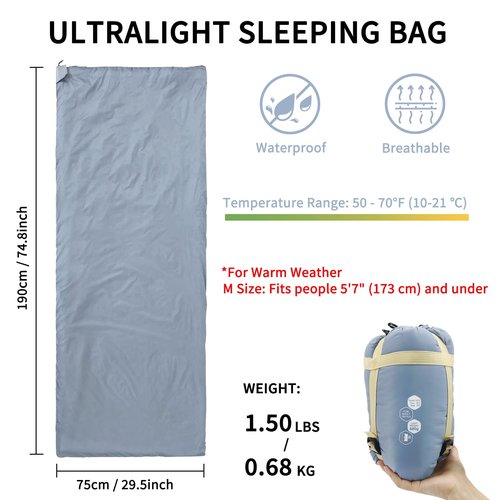 NewDoar Ultralight Backpacking Sleeping Bag - 50-70°F, 1.5lbs, Waterproof & Machine Washable, 2-Way Zipper for Teens,Couples,Women,Men Compact for Hiking/Camping (Blue,Medium)