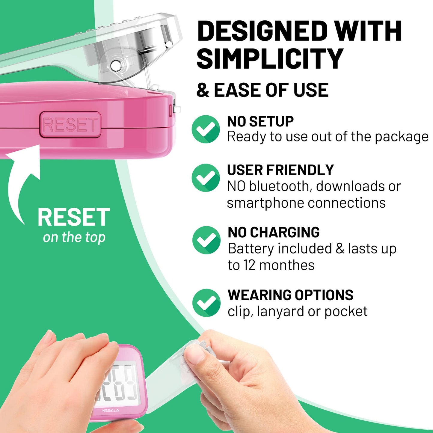 NESKLA 3D Pedometer for Walking, Simple Step Counter with Large Digital Display, Step Tracker with Removable Clip Lanyard, Accurately Track Steps for Men Women Kids Adults Seniors-Pink