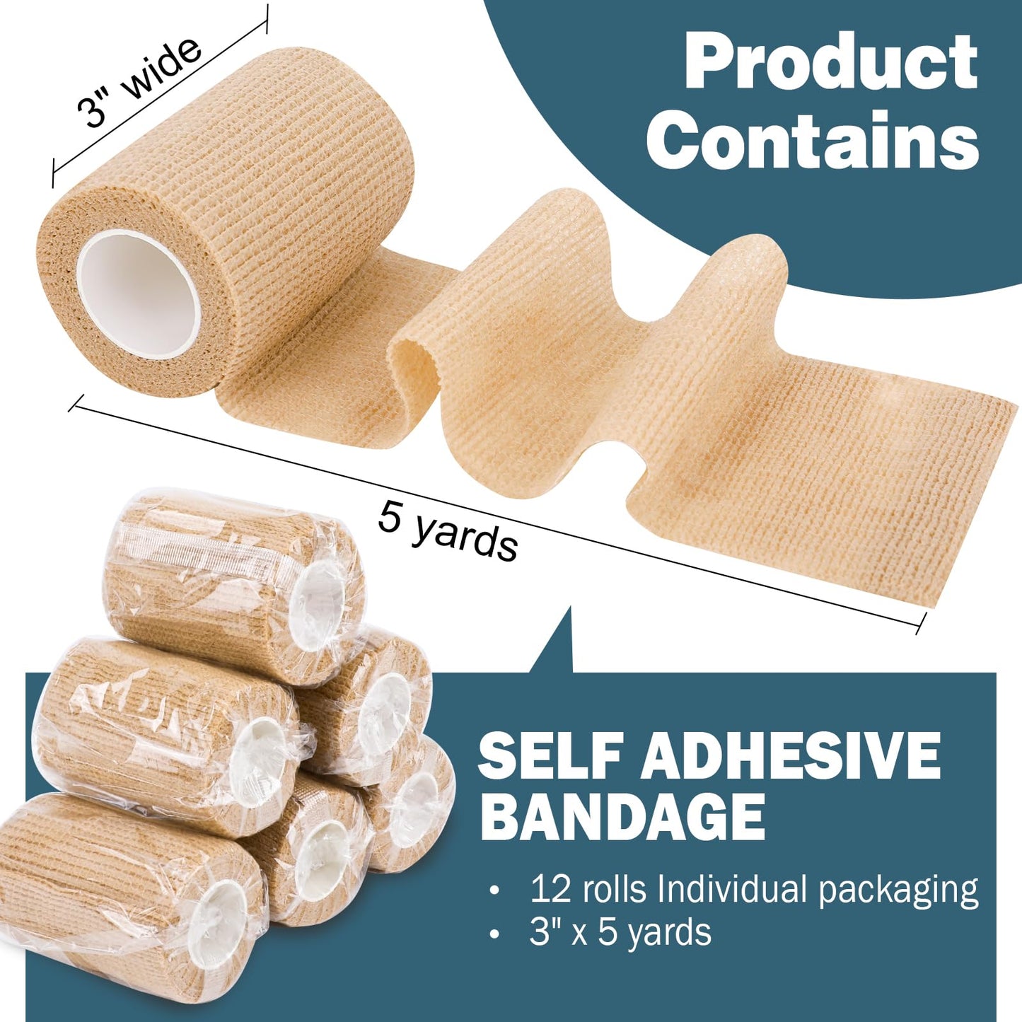 AZEN 12 Pack Self Adhesive Bandage Wrap, 3" X 5 Yards Elastic Cohesive Bandage Wrap, Vet Wrap, Ankle Tape, Tattoo Grip Tape Wrap, Skin Color Athletic Tape