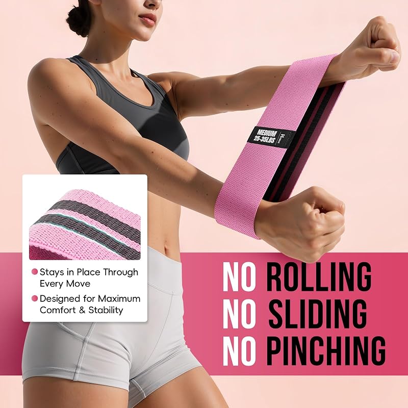 Fabric Resistance Band Set (Gray Pink Green 14–45 lbs) with Exercise Guide – 3 Levels