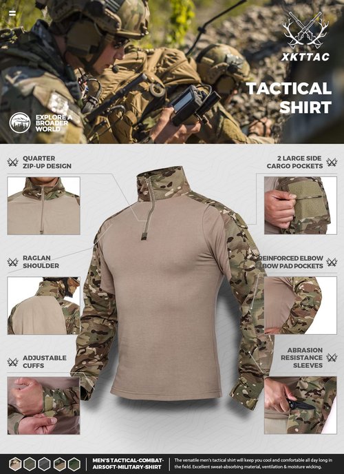 XKTTAC Combat Tactical Shirt for Men with 2-4 Pockets Airsoft-Military-Paintball-Camping Gear Army Security Clothes(Cp/2 Pockets,3XL)