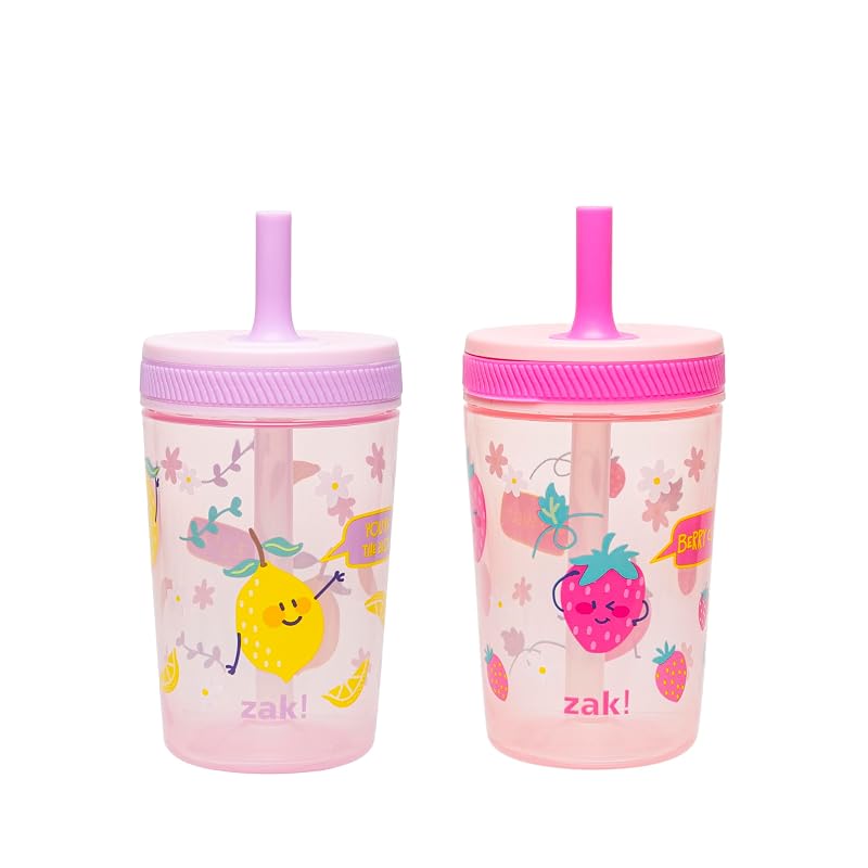 Zak Designs Kelso 15oz Sippy Cups - 2 Pack, Leak-Proof Plastic Drinkware, Sweet Berry & Lemon Zest (Variation: 15 Ounces Pack of 2 + Drinkware)