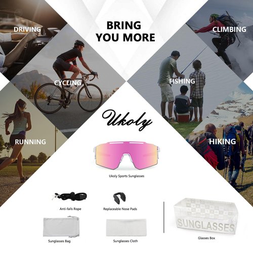 Ukoly Cycling Sunglasses with Interchangeable Nose Pad Men Women,Sports Sunglasses,Fishing Baseball Glasses