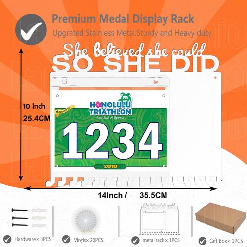 Lapetale Fashion She Believed She Could SO SHE DID Race Bib and Medal Display,White Marathon Medal Display and Runner Medal Hanger Display,Bib Running Medal Display Gifts For Runners Athlete Luxurious