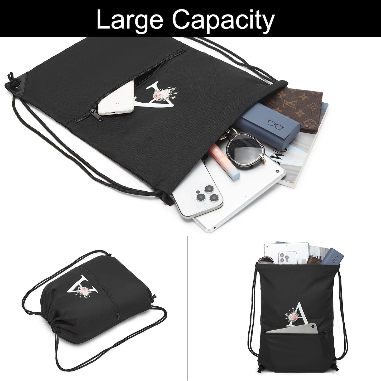Drawstring Backpack, Personalized Initial Design Drawstring Bags Water Resistant String Bag for Women Men Gym Backpack Track Bag Sackpack Cinch Bags for Sports, Gym, Travel, Beach-Black (Letter J)