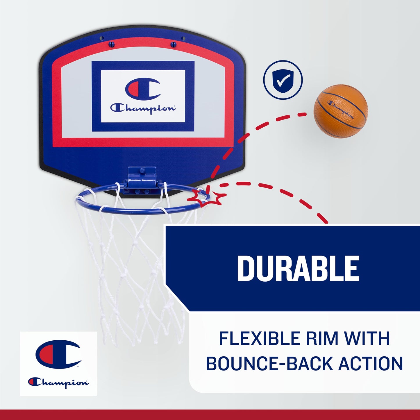 Champion 360 Mini Basketball Hoop Set (Red/White/Blue), Over-the-Door 10.5" x 8.5" Backboard with Spring-Loaded Foldable Rim & Nylon Net, Includes 3.5" Mini Ball for Quick Indoor Basketball Play