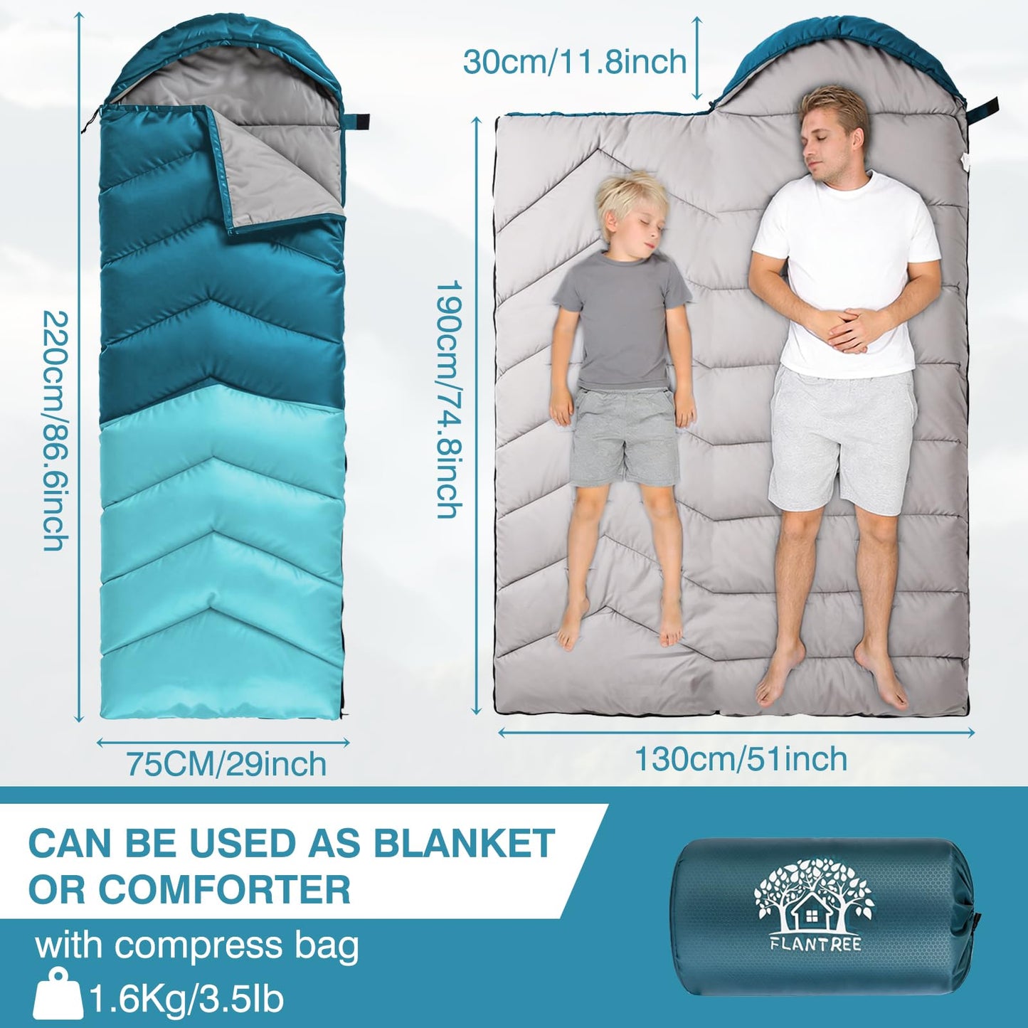 Flantree Sleeping Bags for Adults & Kids for Camping Hiking Trips Warm Cool Weather, Lightweight and Waterproof with Compression Bag, 3-4 Season Indoors Outdoors Activities
