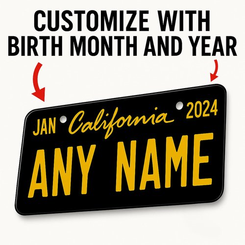 Personalized California Mini State License Plate, Custom Name, Text or Number Plate, Customized Bike Accessories, Kids Toy Car Signs, and Gift, Made in The USA (3x6, Aluminum, Black & Yellow)