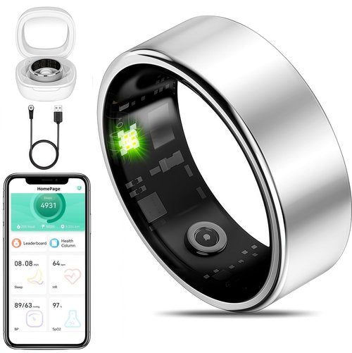 Smart Ring Fitness Tracker for iOS & Android – Sleep Monitor Heart Rate Blood Oxygen & Pressure 8 Sports Modes IP68 Waterproof NO Subscription Long Battery Life (Titanium Silver, 8#)