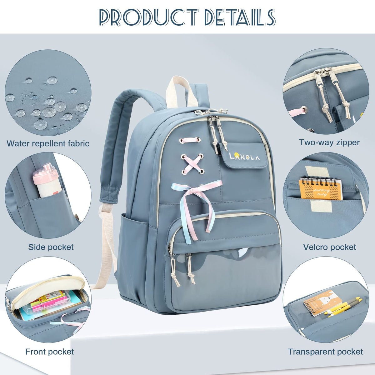 Lanola Teen Girl School Backpack Casual Daypack Bookbag Elementary Middle School College Fashion Travel Backpack with Cute Ribbon for Girls - Dark Blue