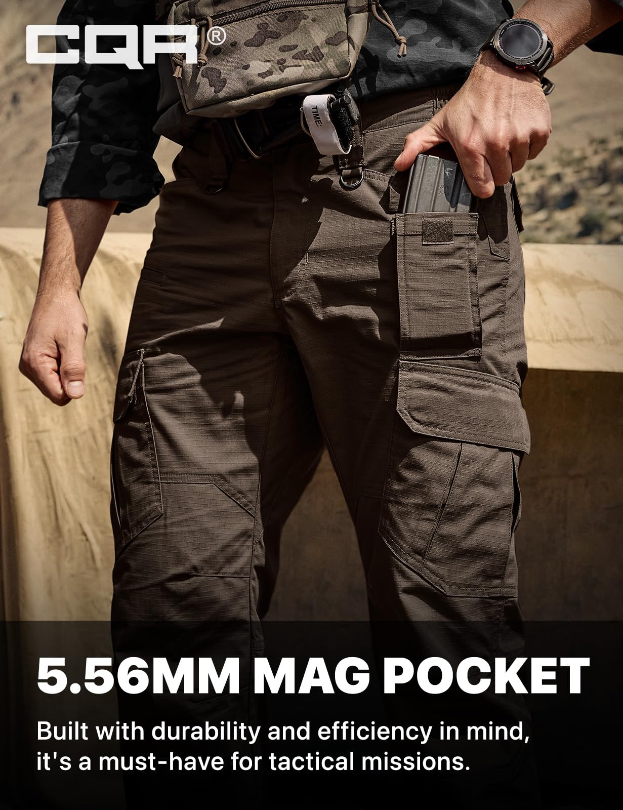 CQR Men's Tactical Pants, Water Resistant Ripstop Cargo Pants, Lightweight EDC Work Hiking Pants, Outdoor Apparel, Duratex Mag Pocket Dark Brown, 32W x 32L