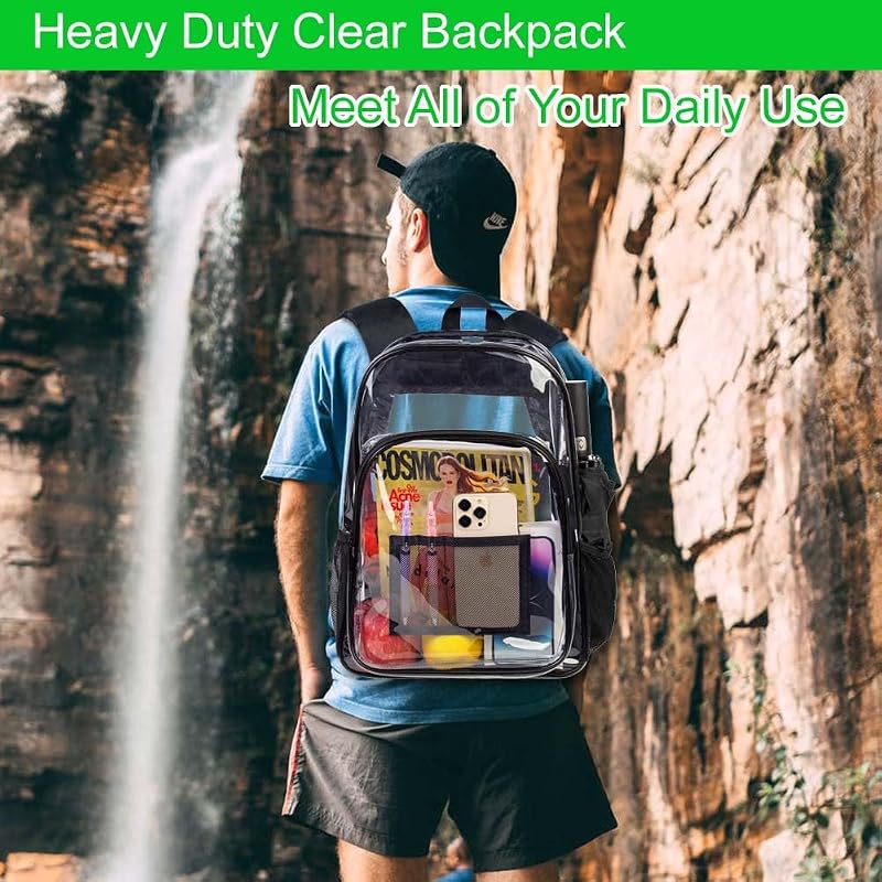 Clear Backpack 16x12x5 - Heavy Duty See-Through School/ Stadium Backpack - Black Variation Included
