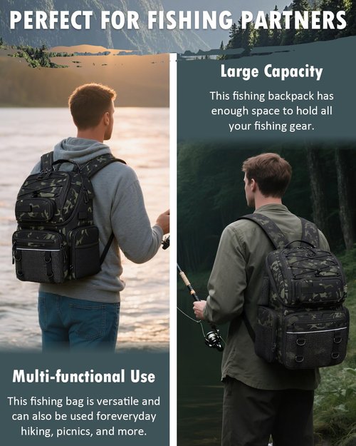 HAMBOLY Fishing Backpack with Tackle Boxes, 50L Fishing Tackle Bag with Cooler & Rod Holders, Waterproof Fishing Bag for Men