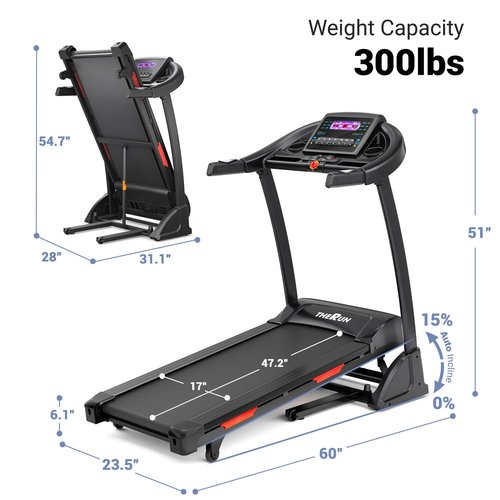 THERUN Incline Treadmill, Treadmills for Running and Walking, 300 lbs Weight Capacity Folding Treadmill with 0-15% Auto Incline, Wide Belt, 3.5HP, App, Heart Rate, Red