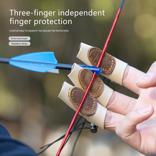 Prespollw Archery Gloves - Leather Finger Tab & Hand Guard for Recurve Bow & Traditional Bow - Protects Fingers & Hands for Hunting - Pack of 3 (Light Beige Brown)