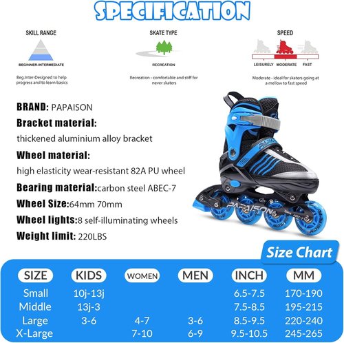 PAPAISON Adjustable Inline Skates Boys Ages 4-12, Roller Skates for Girls Kids with Full Light Up Wheels, Outdoor Skates Illuminating Skates for Children Teens Women