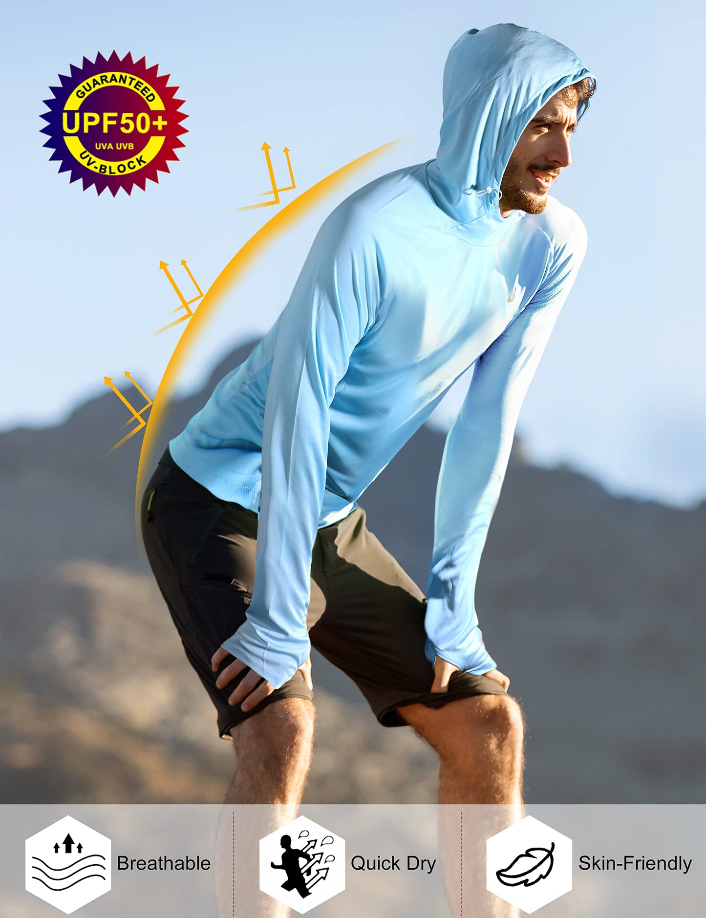 Roadbox UPF 50+ Sun Protection Hoodie Shirt, Outdoor Fishing SPF UV Long Sleeve Shirts, Quick Dry Hiking Running Rash Guard Light Blue