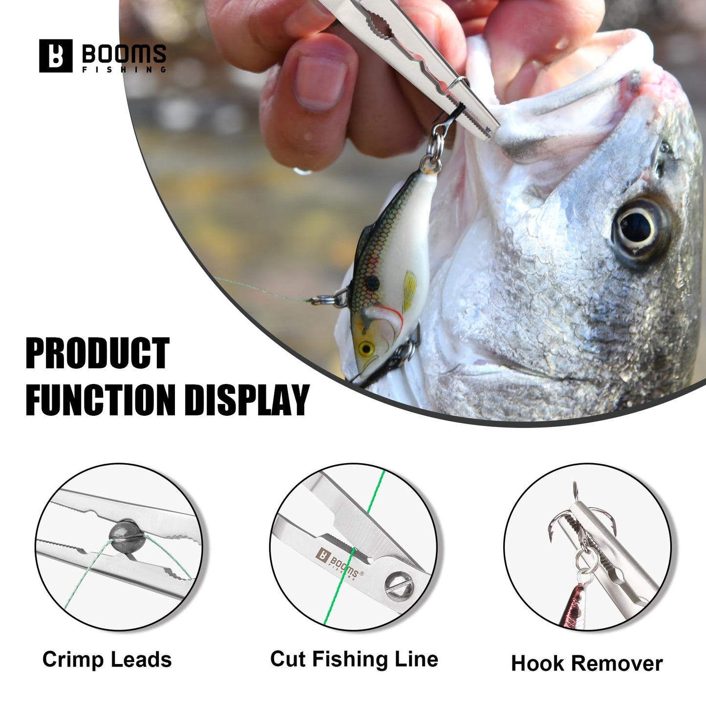 Booms Fishing Pliers Hook Remover: 8" Long Nose Fish Pliers Stainless Steel for Saltwater - Braid Line Cutters with Coiled Lanyard and Safety Lock Design, Multi-Function Fishing Tool For Men, H06