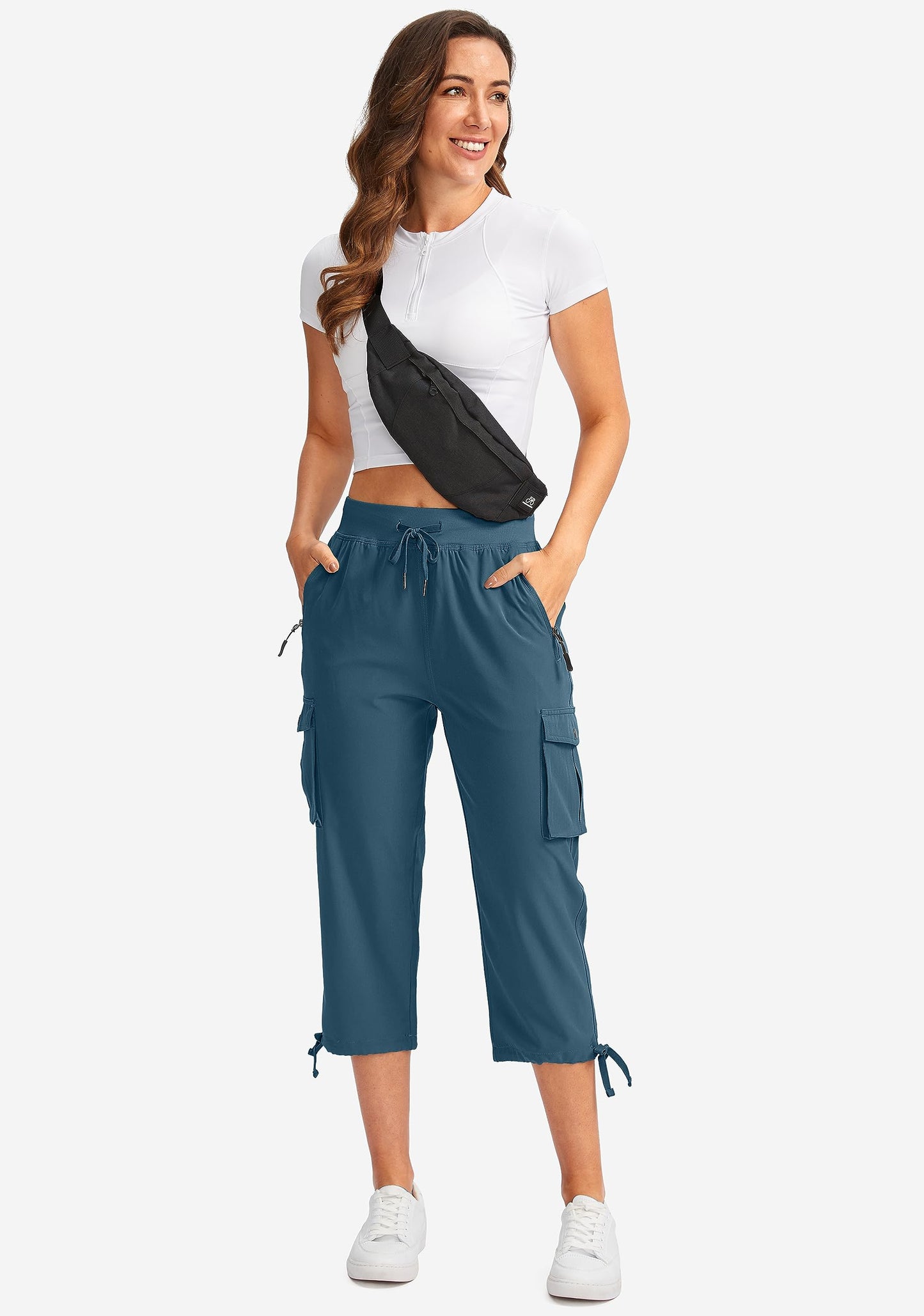 Soothfeel Women's Cargo Capris Pants with 6 Pockets Lightweight Quick Dry Travel Hiking Summer Pants for Women Casual (Blue Grey, S)