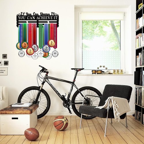 ORIGACH Motivational Saying Medal Hanger Display, If You Can Dream It You Can Achieve It Multiple Racing Wall Medal Holder Sports Medal Lanyard Ribbon Display Rack, 15.75 x 6 Inch