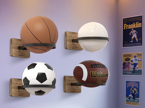 Daoun Basketball Holder Wall Mount with Wooden Base, 4 Pcs Ball Storage Holder for Football Basketball Soccer Rugby Display Rack - Boys Sports Accessories Organizer