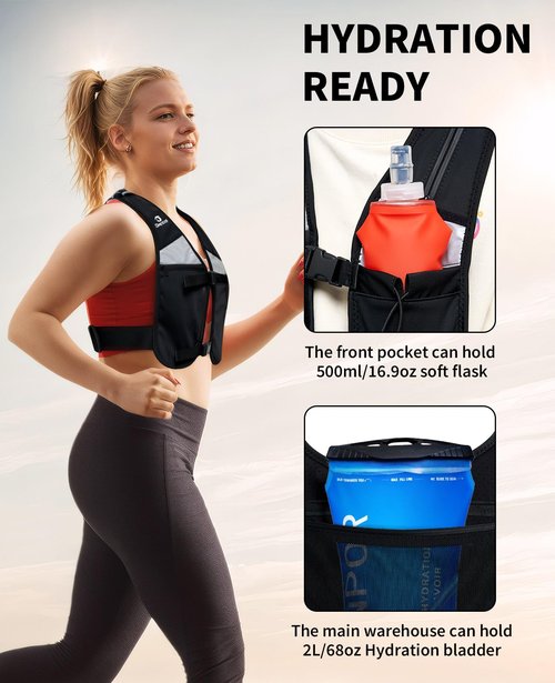 Owntop Running Hydration Vest Backpack for Women Men with Phone Holder 6 Pockets, for 2L Water Bladder 500ml Bottle, Reflective Lightweight Adjustable Pack for Hiking Trail Marathon Race Cycling Black