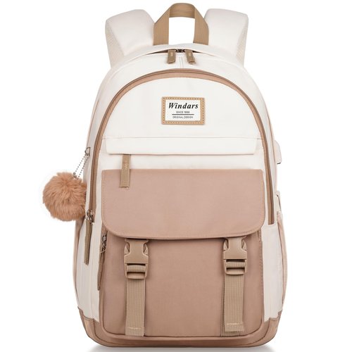 WINDARS School Backpack for Teen Girls, Cute College Backpacks for Women Students Aesthetic Bookbag Large 15.6 Inch Laptop Bag Middle School Travel Back Pack (Khaki Beige)